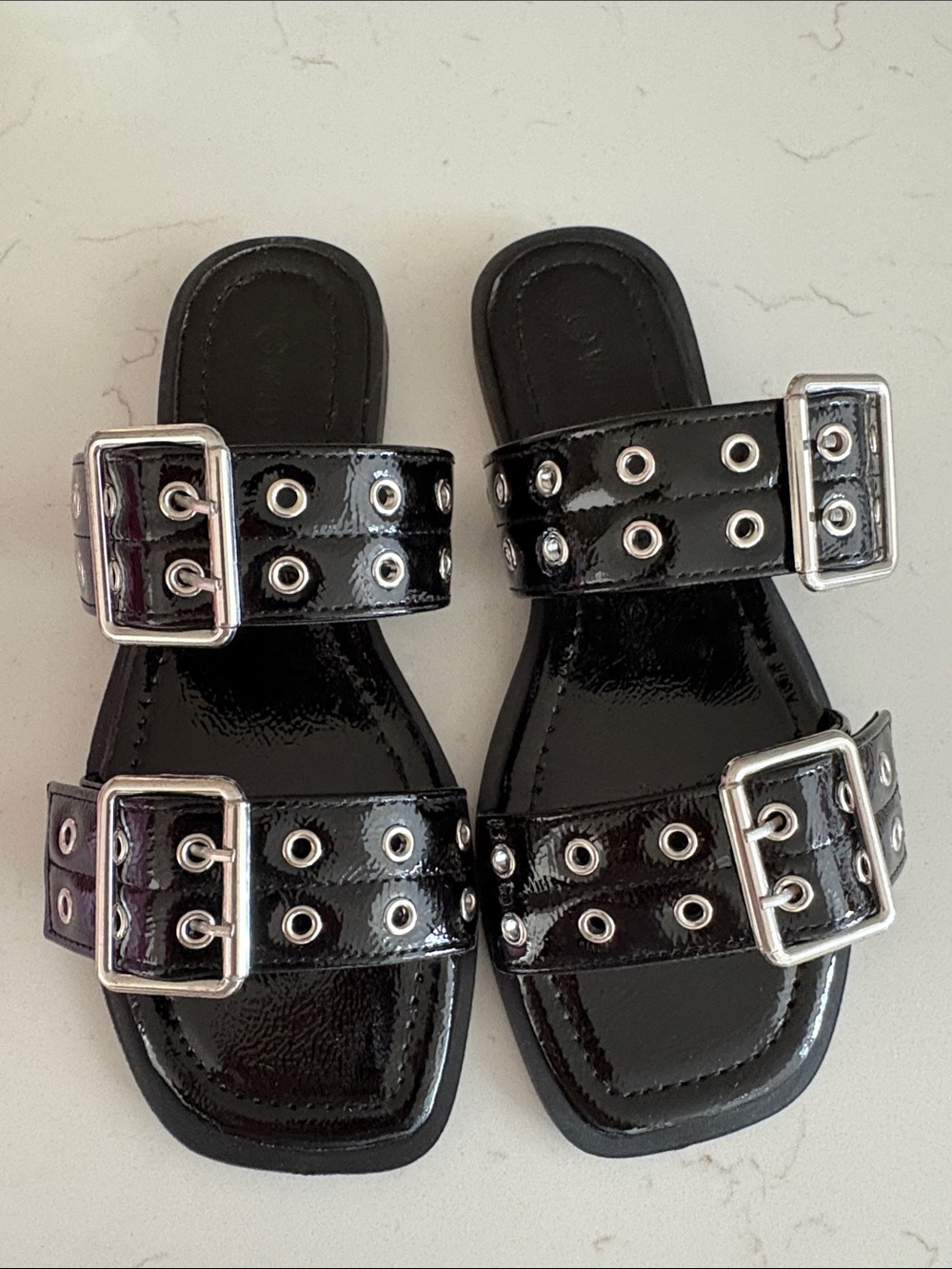 Belize Wild Diva Black Patent Double Buckle Sandals